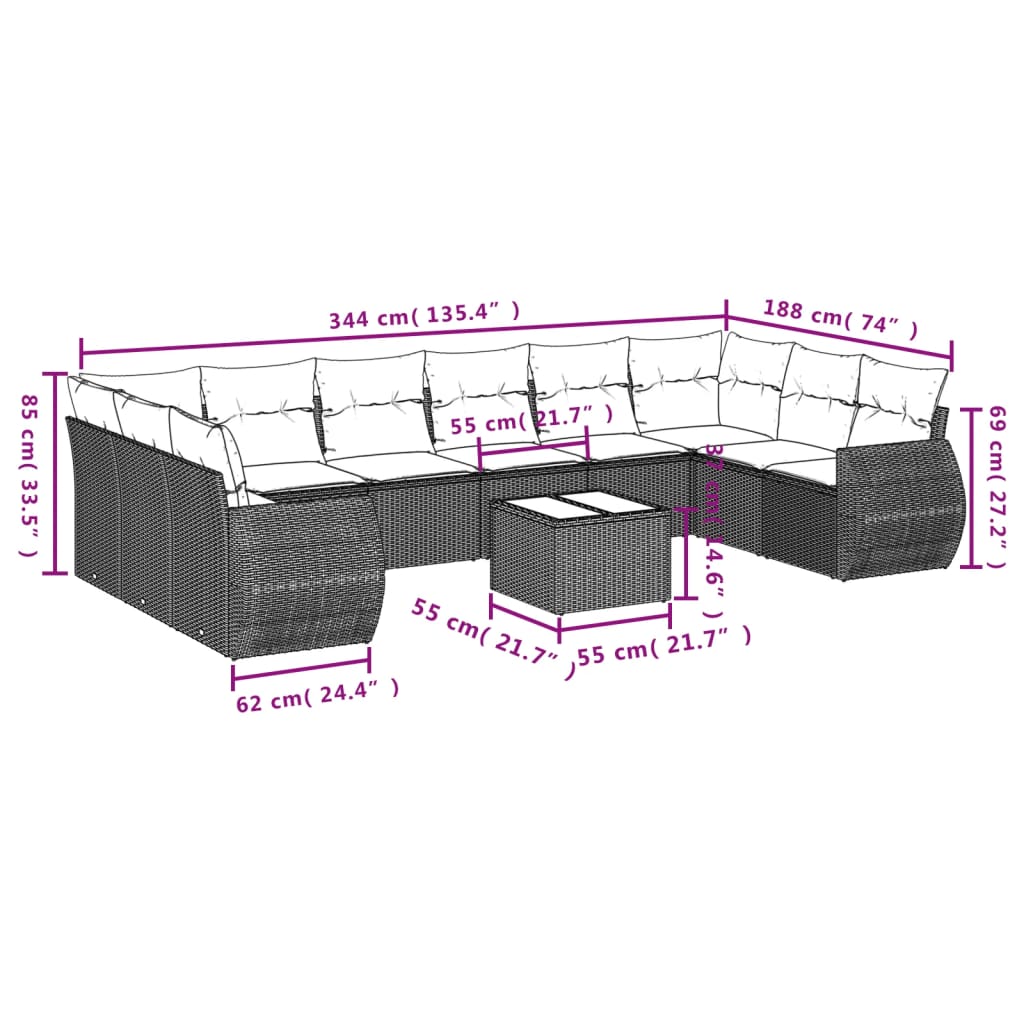 10-teiliges Gartensofa-Set mit Kissen, grau, Polyrattan