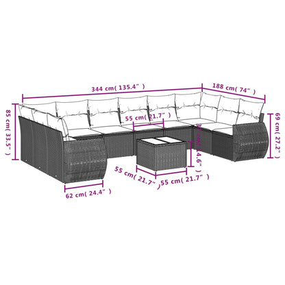 10-teiliges Gartensofa-Set mit Kissen, grau, Polyrattan
