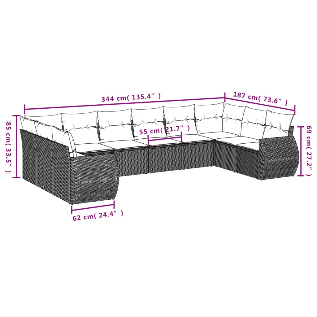 11-teiliges Gartensofa-Set mit Kissen, braun, Polyrattan