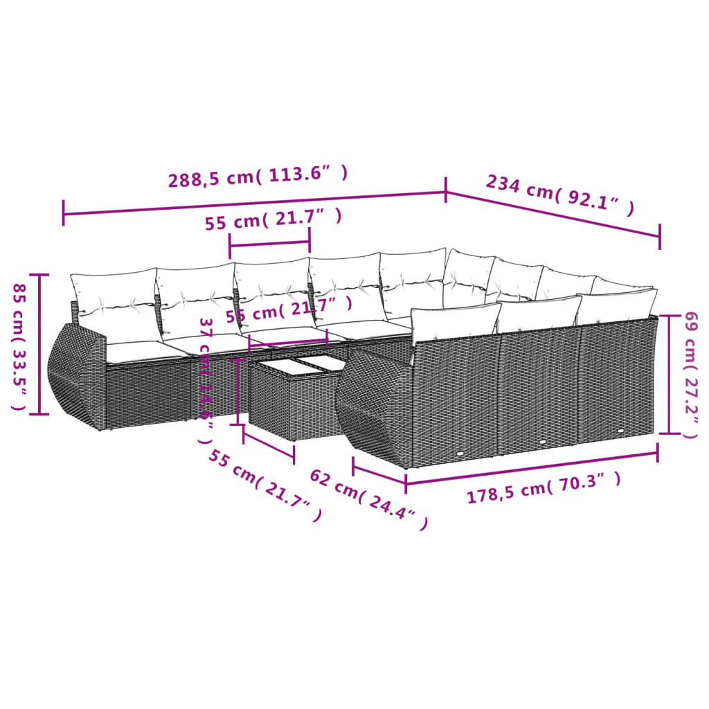 11-teiliges Gartensofa-Set mit Kissen, grau, Polyrattan