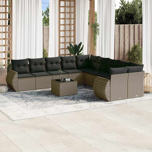 11-tlg. Garten-Sofagarnitur mit Kissen Hellgrau Poly Rattan