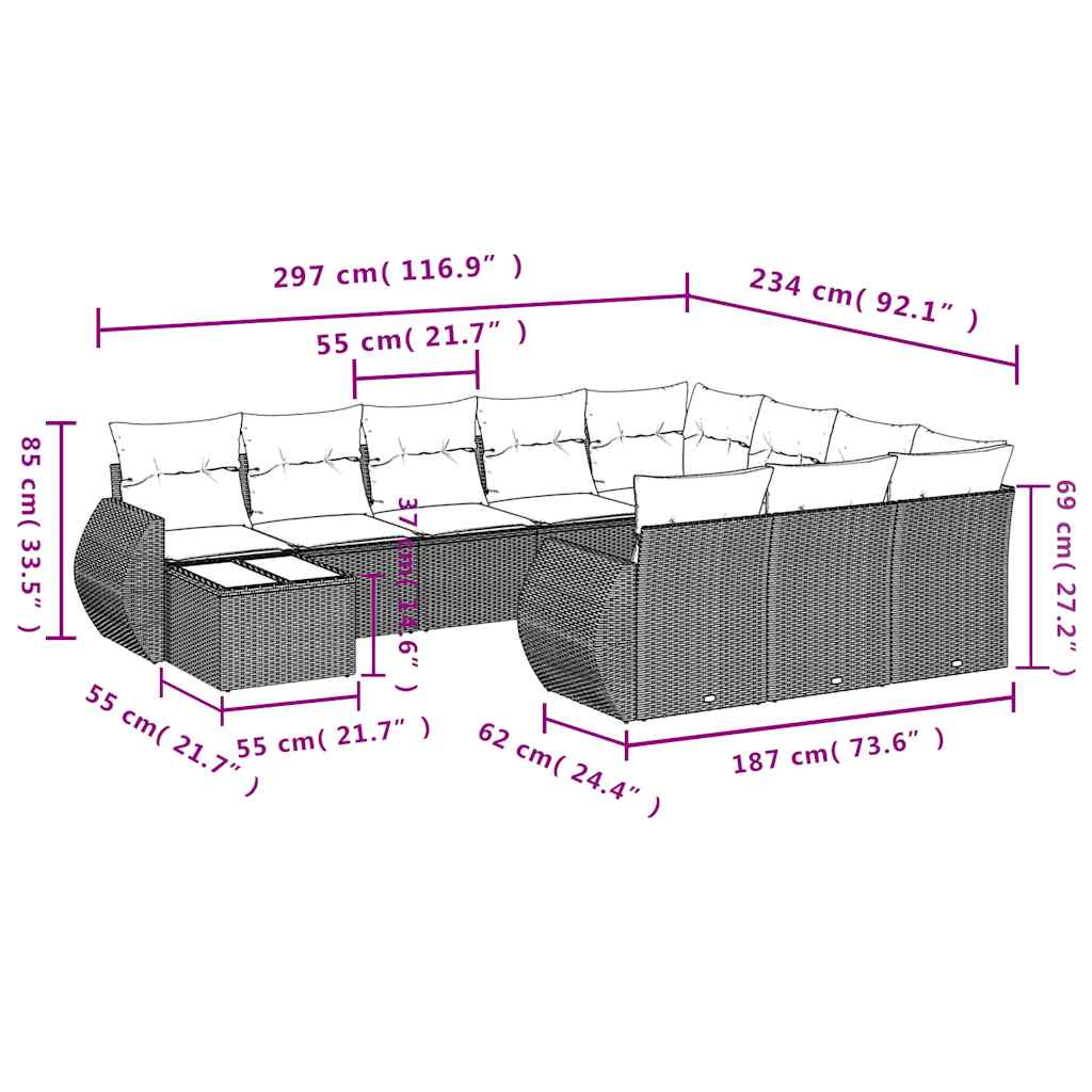 11-teiliges Gartensofa-Set mit Kissen, braun, Polyrattan