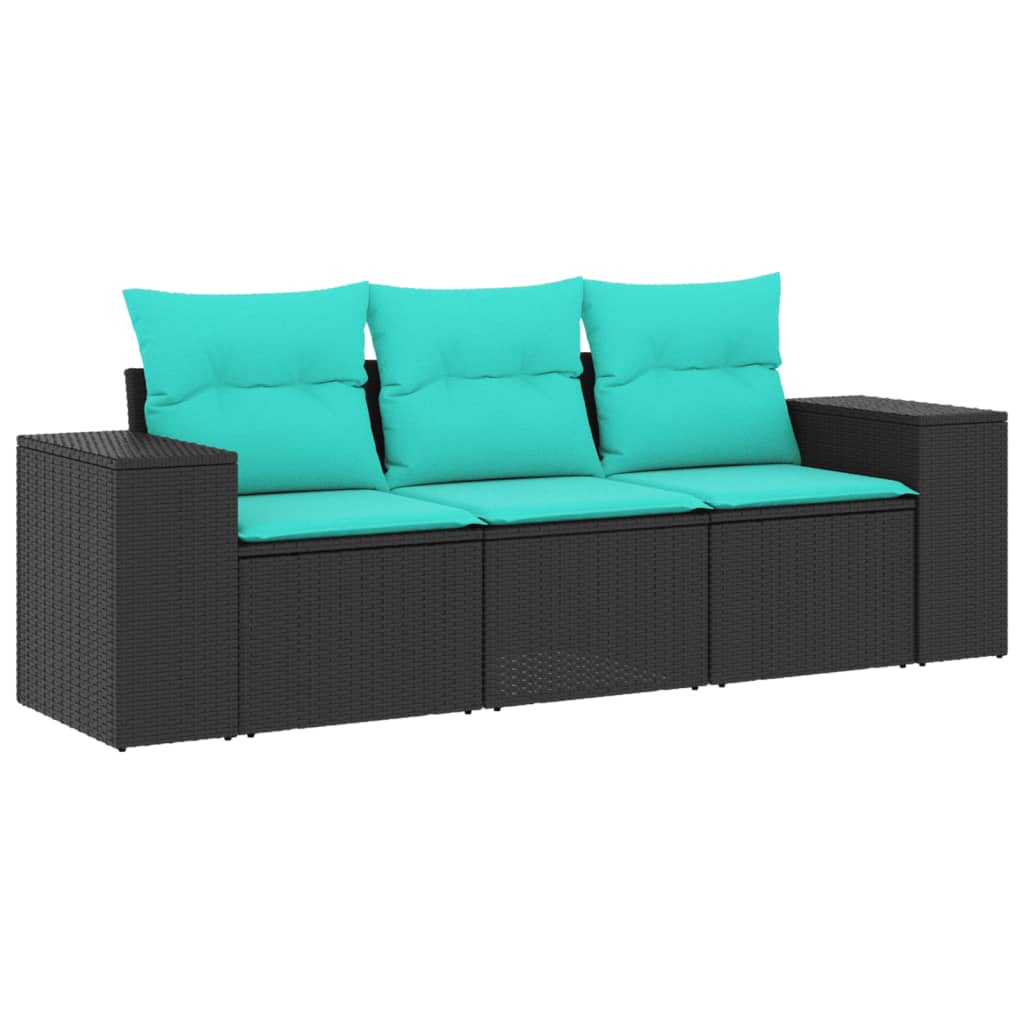 3-teiliges Gartensofa-Set mit Kissen, schwarzes Polyrattan