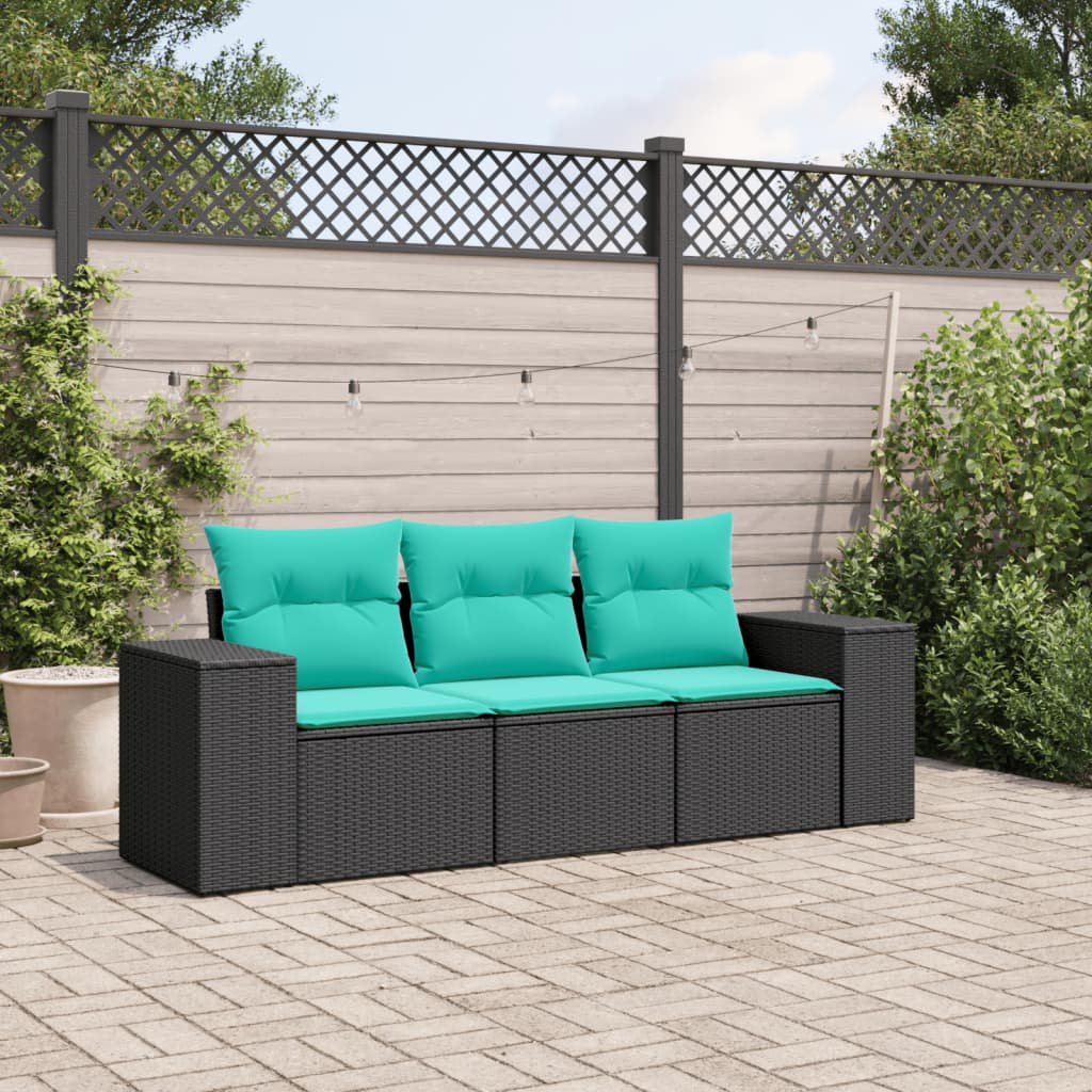 3-teiliges Gartensofa-Set mit Kissen, schwarzes Polyrattan