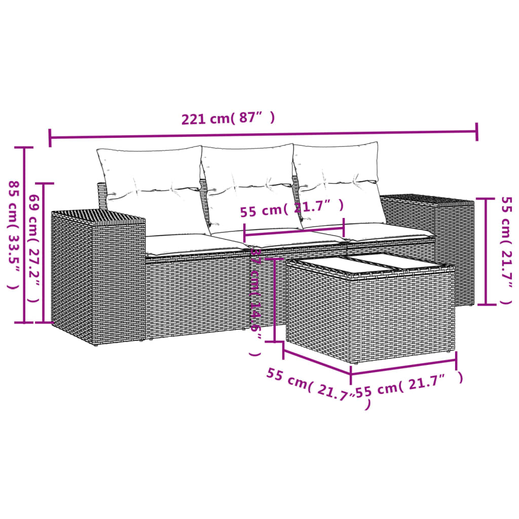 4-teiliges Gartensofa-Set mit Kissen, schwarzes Polyrattan