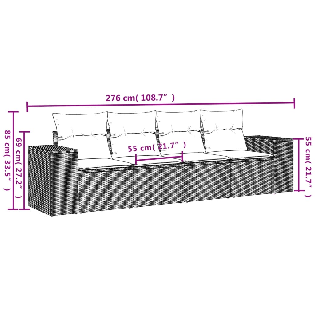 4-teiliges Gartensofa-Set mit Kissen, grau, Polyrattan