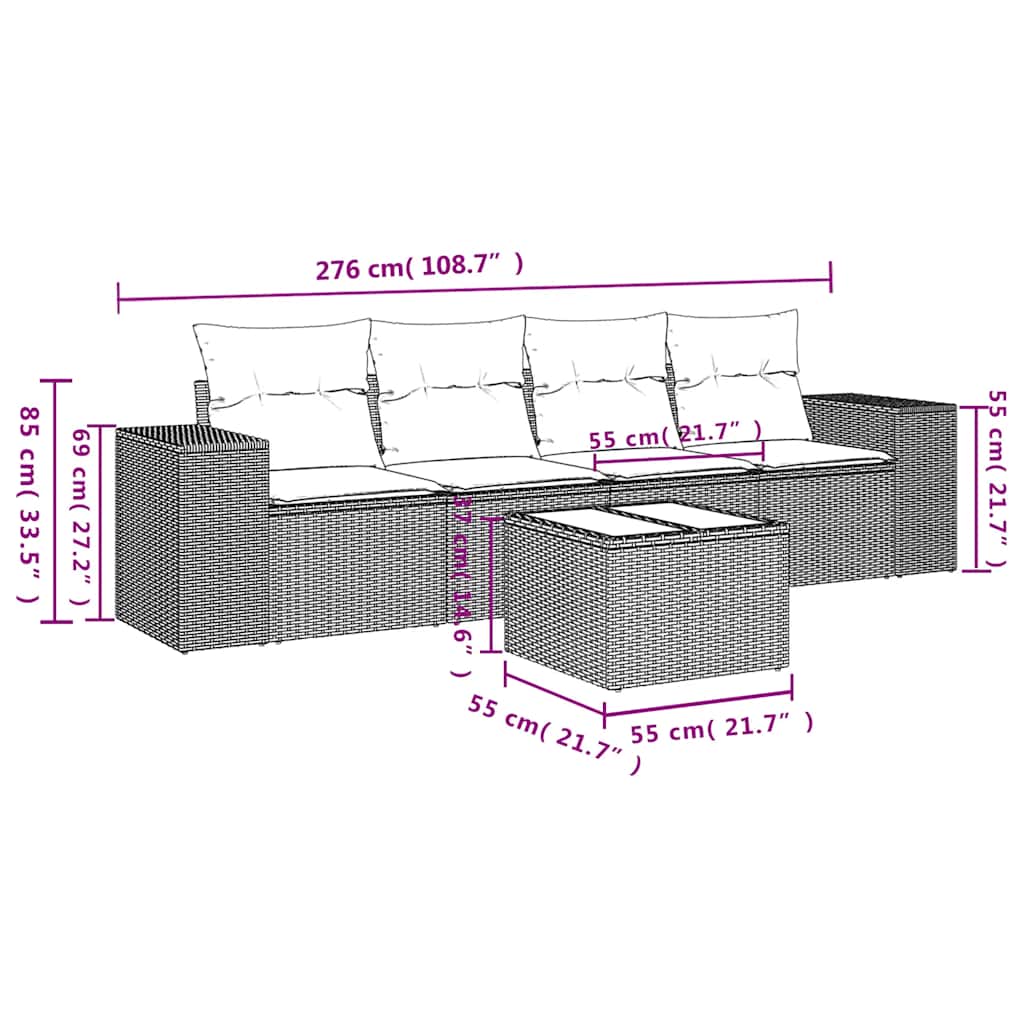 5-teiliges Gartensofa-Set mit Kissen, schwarzes Polyrattan