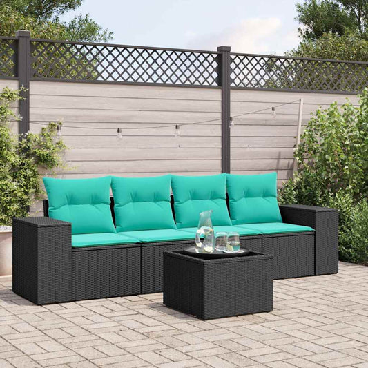 5-teiliges Gartensofa-Set mit Kissen, schwarzes Polyrattan