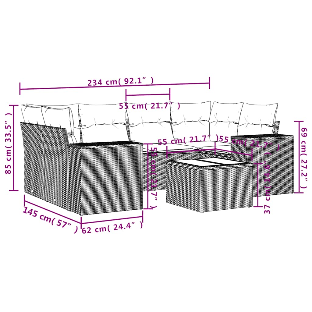 7-teiliges Gartensofa-Set mit Kissen, schwarzes Polyrattan