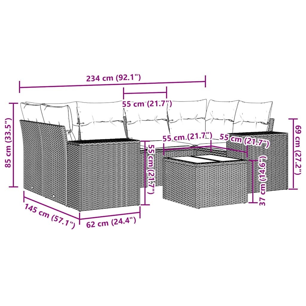 7-tlg. Garten-Sofagarnitur mit Kissen Hellgrau Poly Rattan