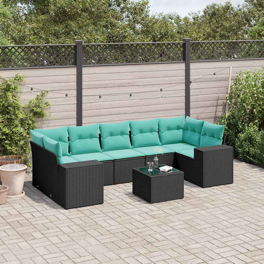 8-teiliges Gartensofa-Set mit Kissen, schwarzes Polyrattan