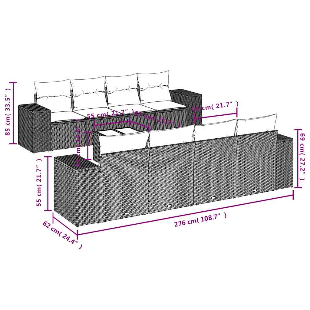 9-teiliges Gartensofa-Set mit Kissen, grau, Polyrattan
