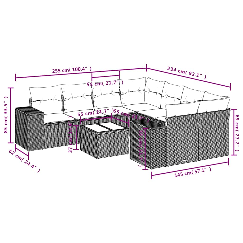 9-teiliges Gartensofa-Set mit Kissen, schwarzes Polyrattan