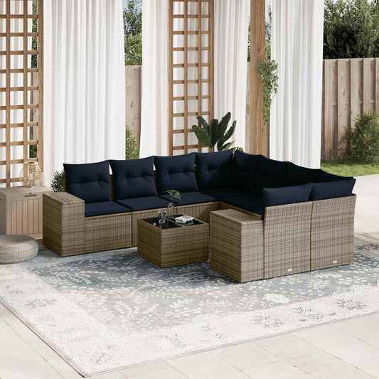9-teiliges Gartensofa-Set mit Kissen, grau, Polyrattan
