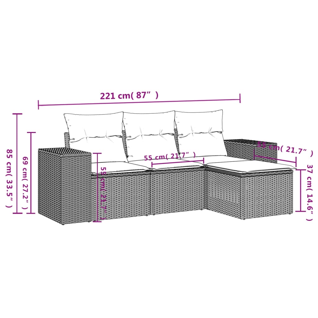 4-teiliges Gartensofa-Set mit Kissen, braun, Polyrattan