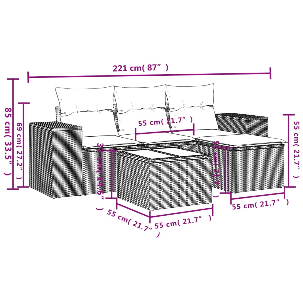 5-teiliges Gartensofa-Set mit Kissen, schwarzes Polyrattan