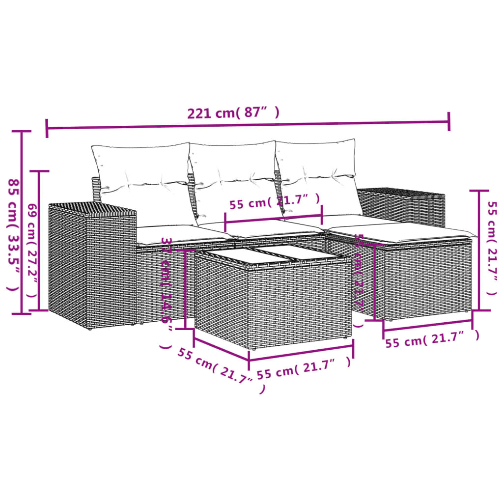 5-teiliges Gartensofa-Set mit Kissen, grau, Polyrattan