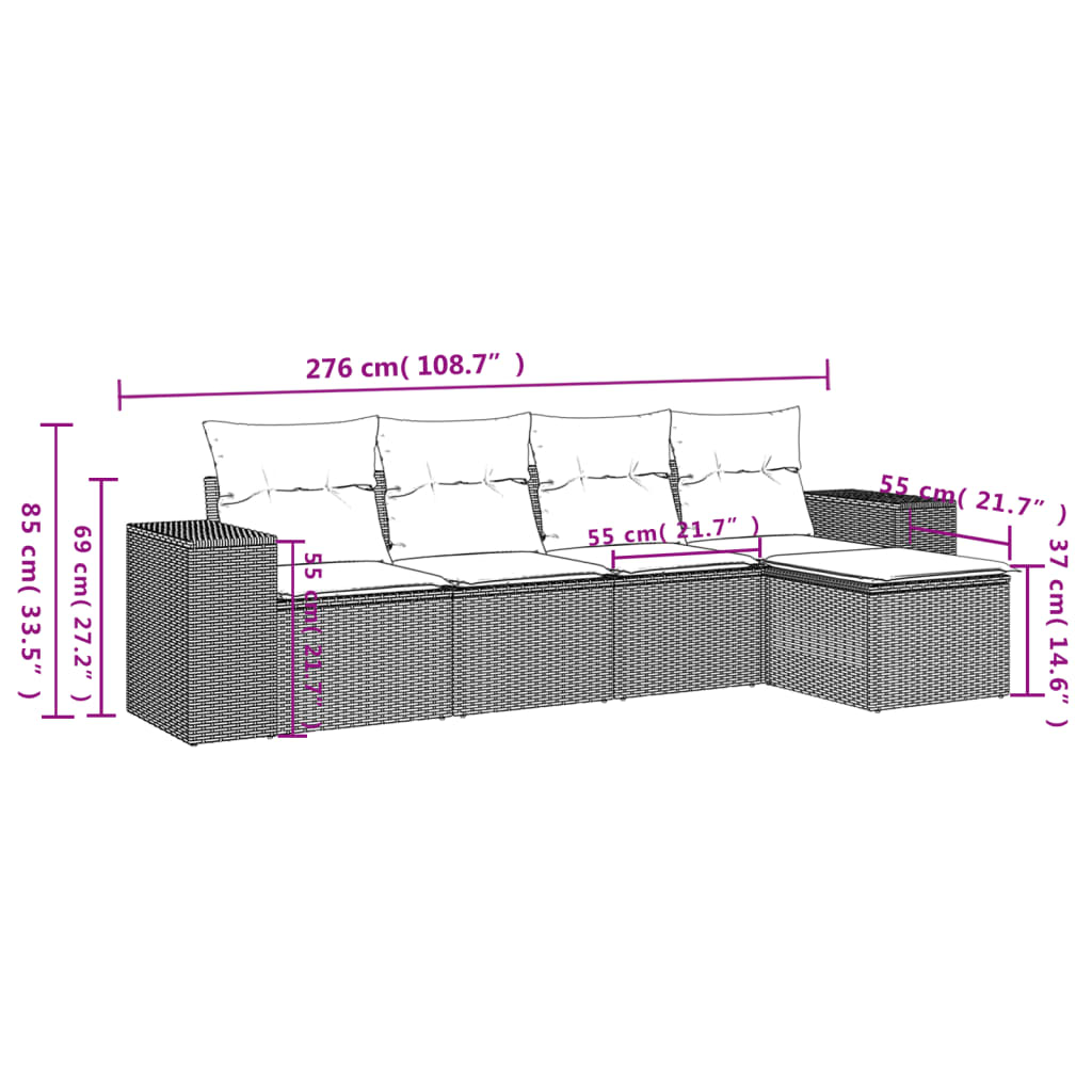 5-teiliges Gartensofa-Set mit Kissen, schwarzes Polyrattan
