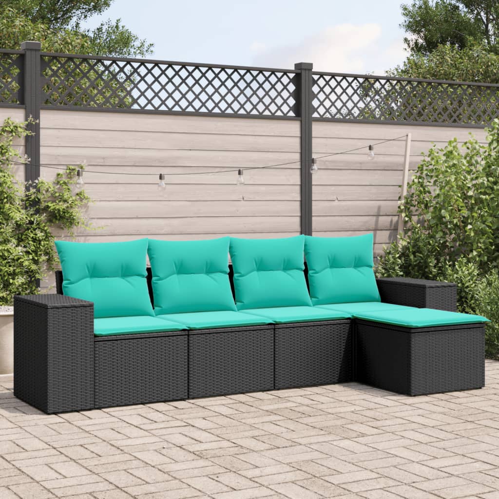 5-teiliges Gartensofa-Set mit Kissen, schwarzes Polyrattan