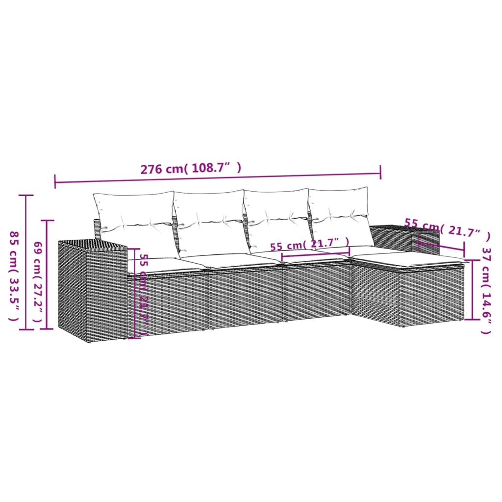 5-teiliges Gartensofa-Set mit Kissen, braun, Polyrattan