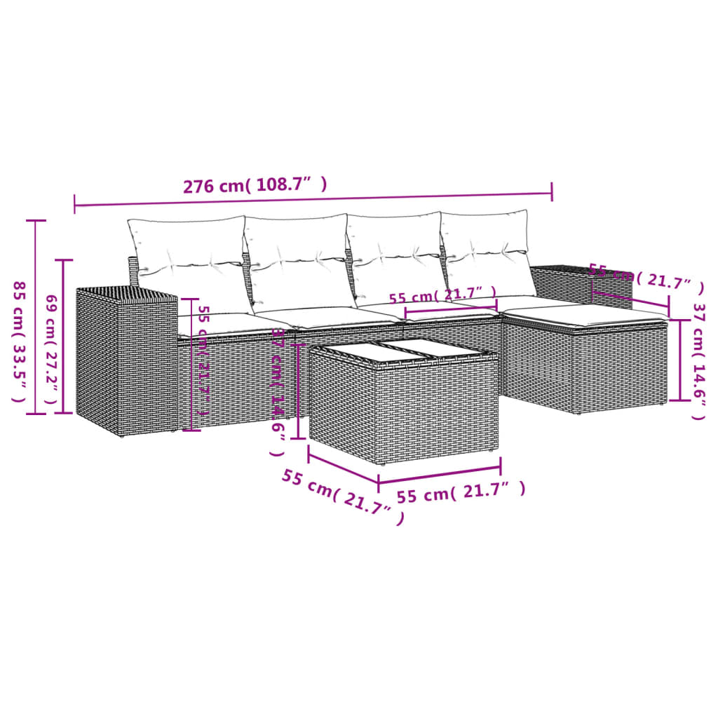 6-teiliges Gartensofa-Set mit Kissen, grau, Polyrattan