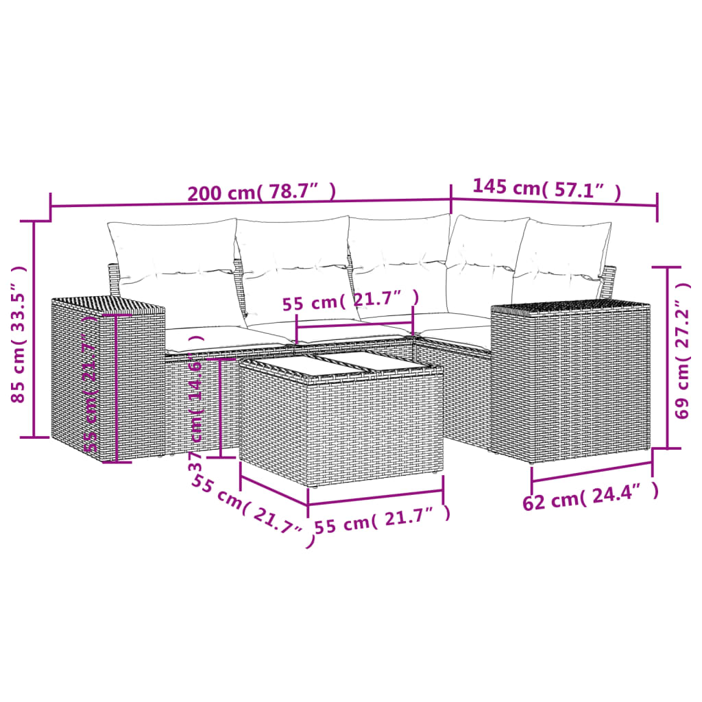 5-teiliges Gartensofa-Set mit Kissen, grau, Polyrattan
