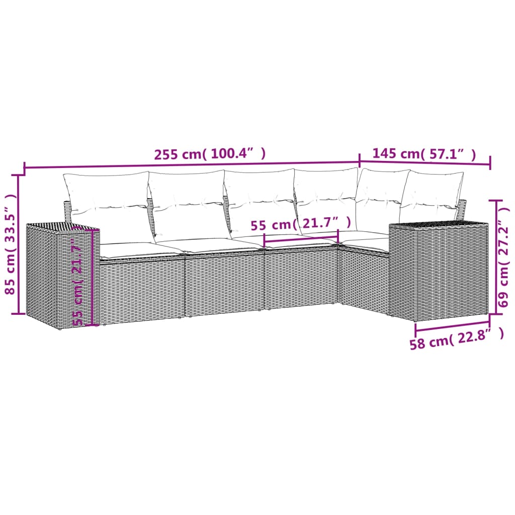 5-teiliges Gartensofa-Set mit Kissen, grau, Polyrattan