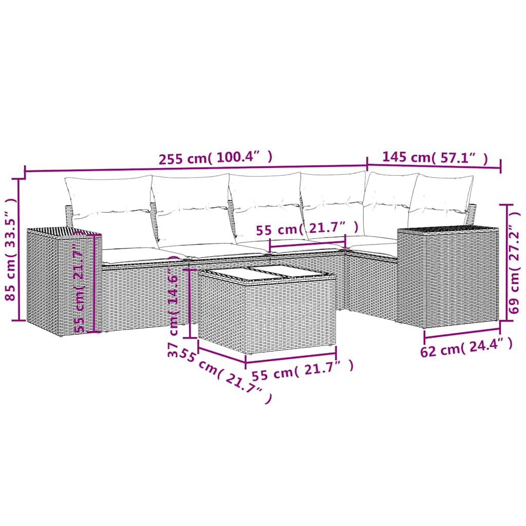 6-teiliges Gartensofa-Set mit Kissen, schwarzes Polyrattan