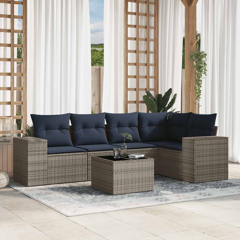 6-teiliges Gartensofa-Set mit Kissen, grau, Polyrattan