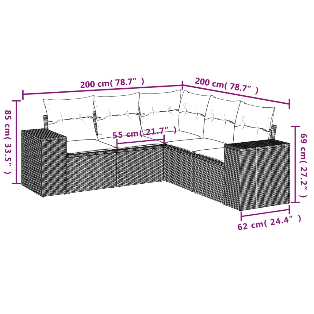 5-teiliges Gartensofa-Set mit Kissen, braun, Polyrattan