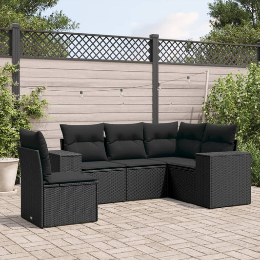 5-piece garden sofa set with cushions, black poly rattan