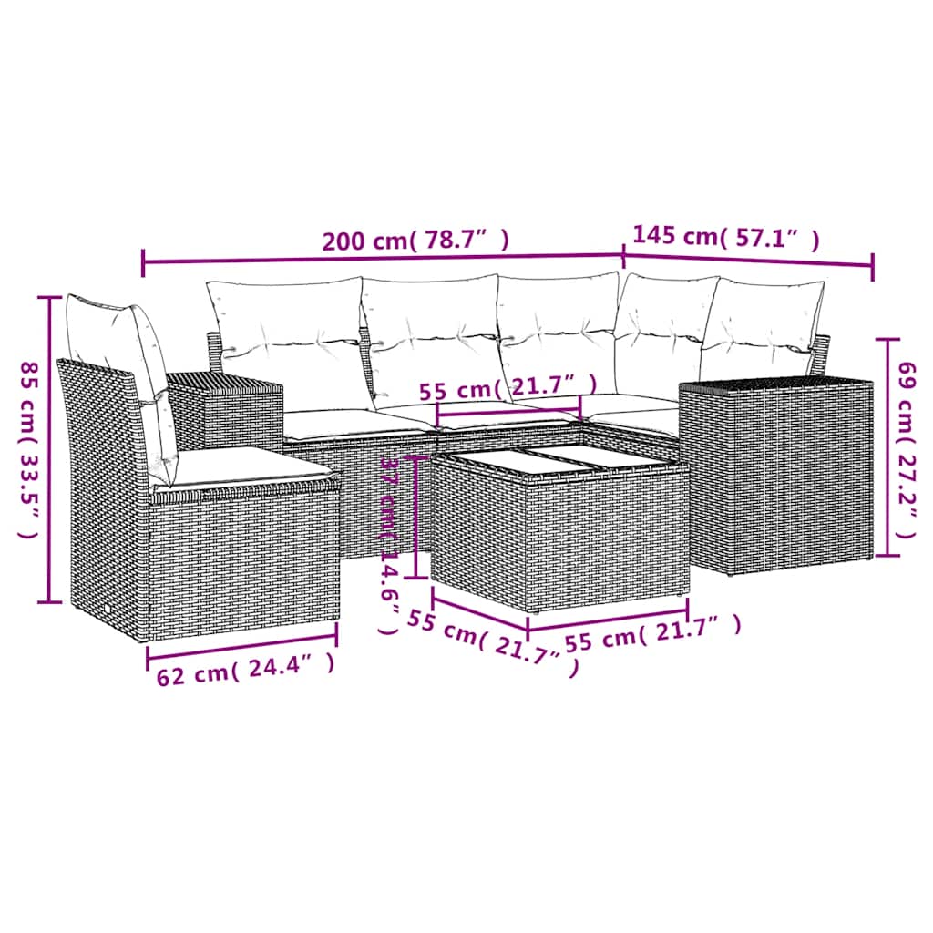 6-teiliges Gartensofa-Set mit Kissen, schwarzes Polyrattan