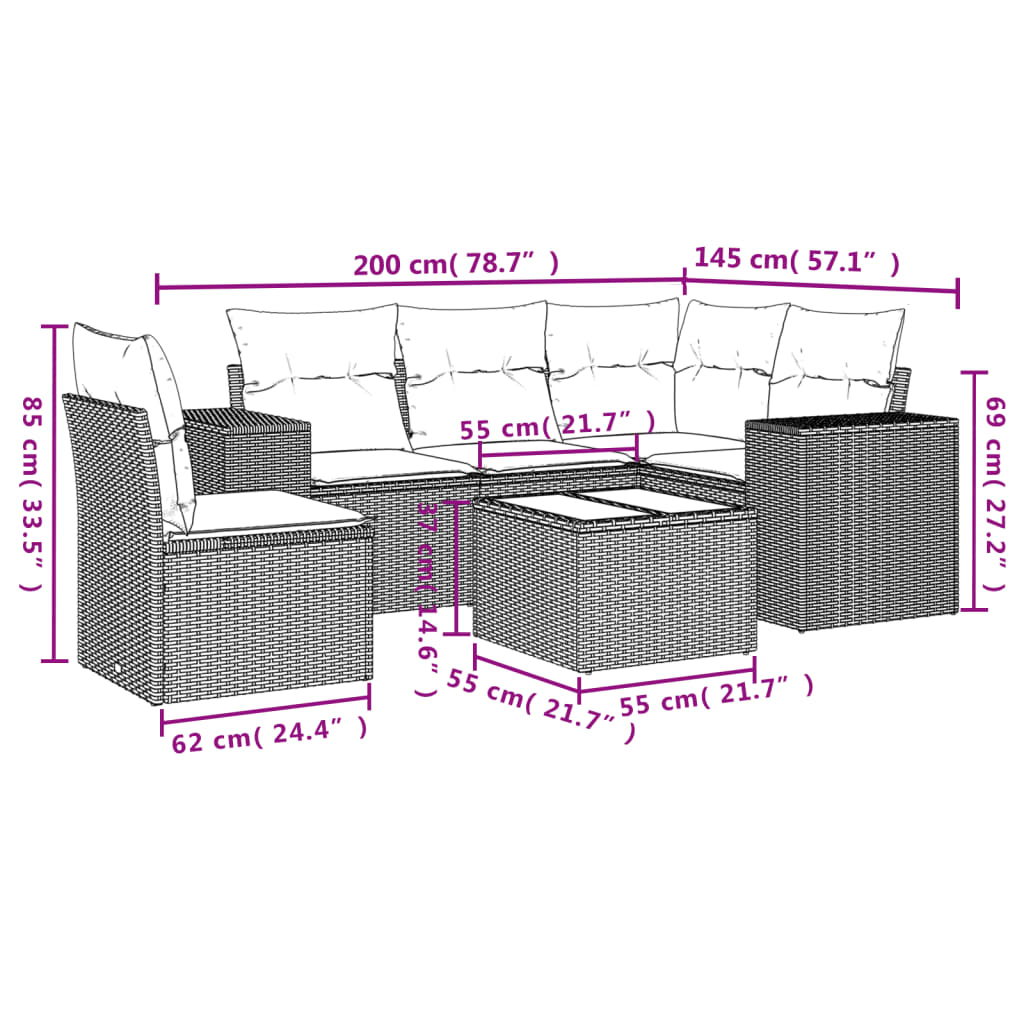 6-teiliges Gartensofa-Set mit Kissen, braun, Polyrattan