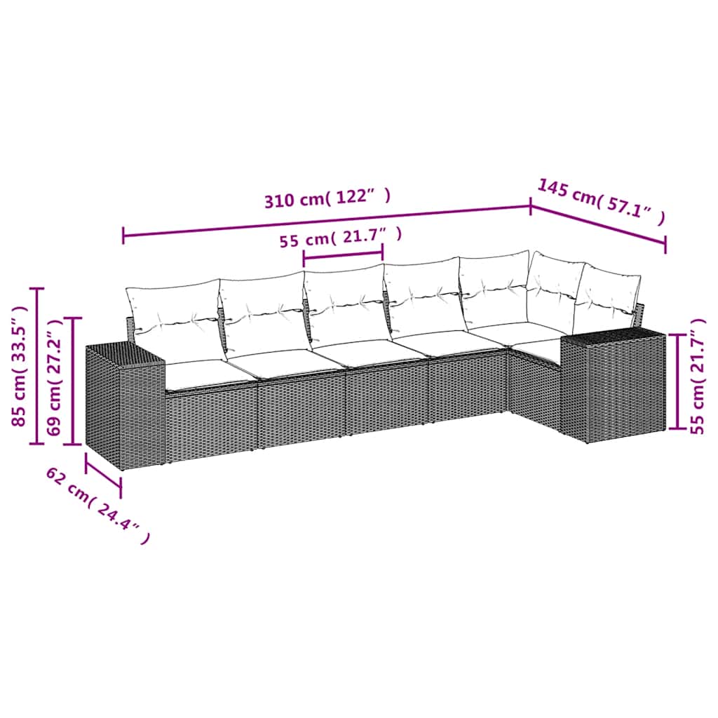 6-teiliges Gartensofa-Set mit Kissen, grau, Polyrattan