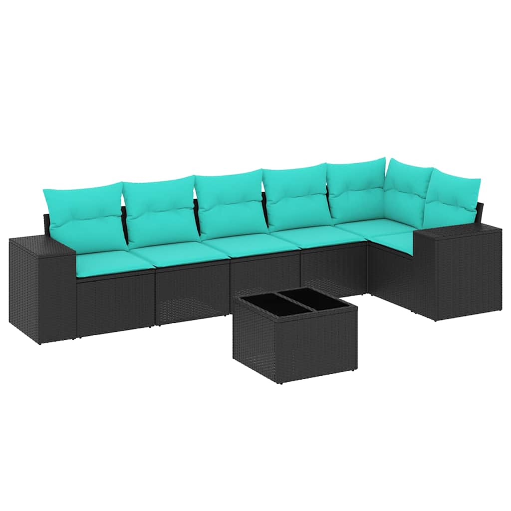 7-teiliges Gartensofa-Set mit Kissen, schwarzes Polyrattan
