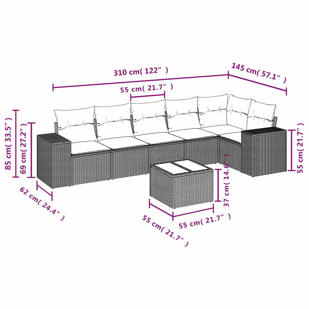7-teiliges Gartensofa-Set mit Kissen, schwarzes Polyrattan