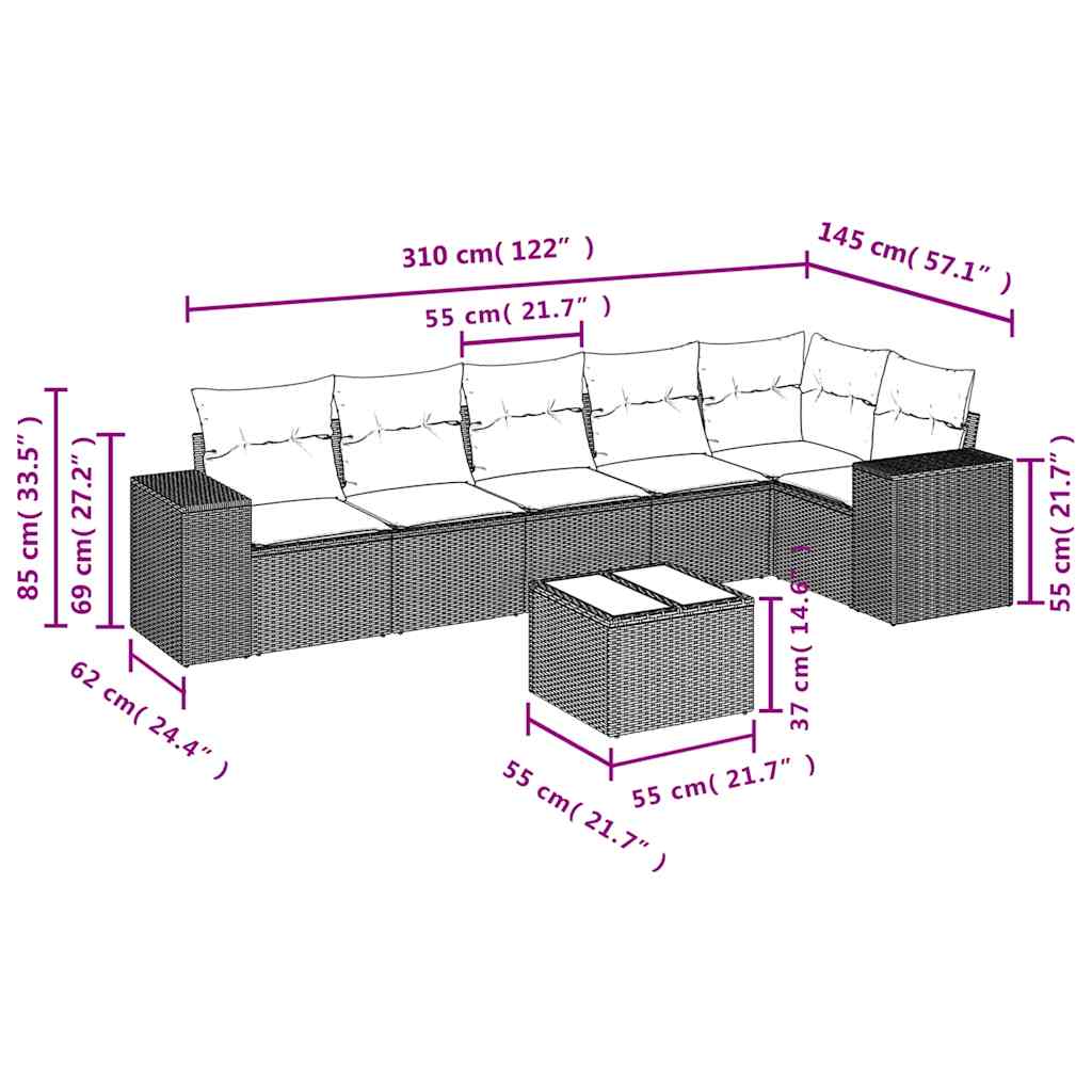 7-teiliges Gartensofa-Set mit Kissen, schwarzes Polyrattan