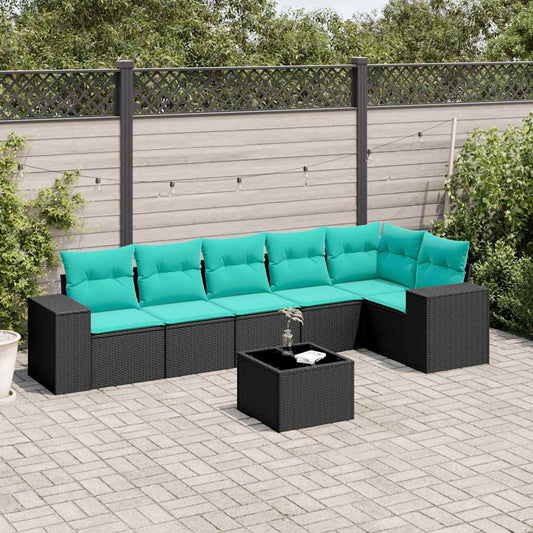 7-teiliges Gartensofa-Set mit Kissen, schwarzes Polyrattan