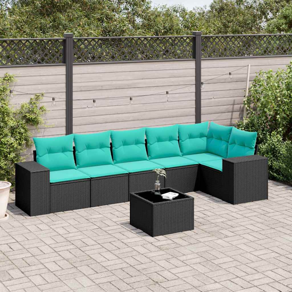7-teiliges Gartensofa-Set mit Kissen, schwarzes Polyrattan