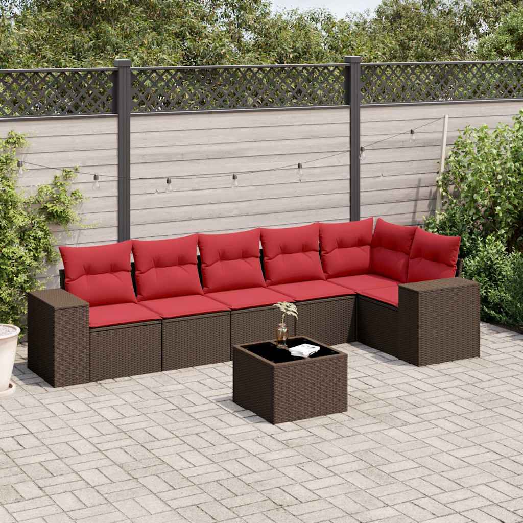 7-teiliges Gartensofa-Set mit Kissen, braun, Polyrattan