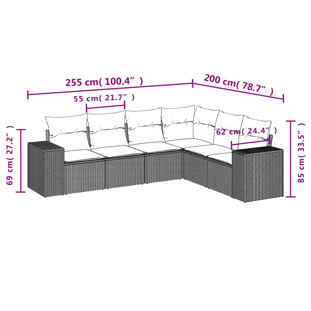 6-tlg. Garten-Sofagarnitur mit Kissen Schwarz Poly Rattan
