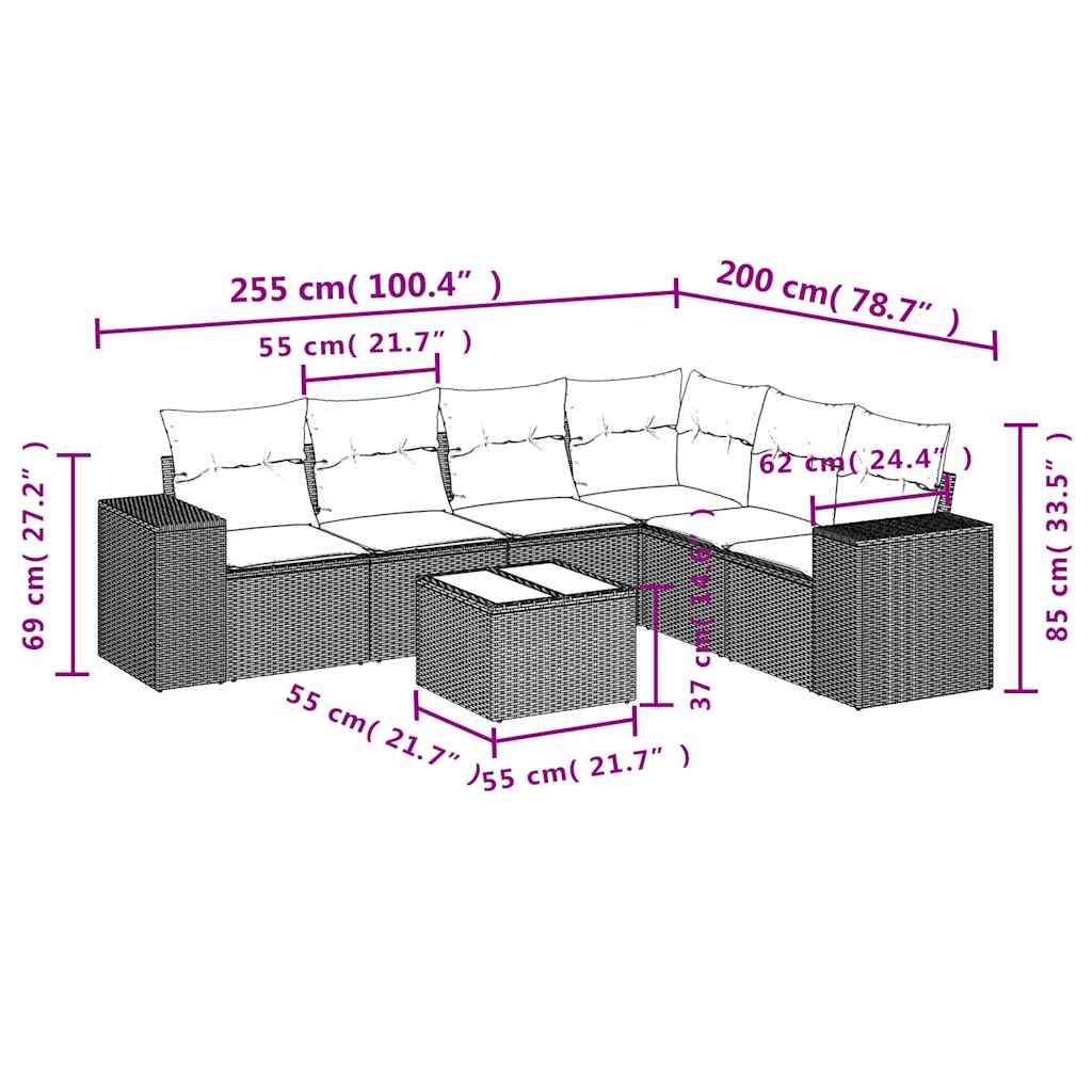 7-tlg. Garten-Sofagarnitur mit Kissen Schwarz Poly Rattan
