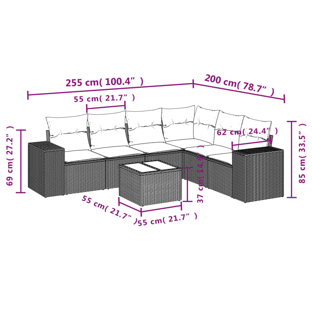 7-teiliges Gartensofa-Set mit Kissen, grau, Polyrattan