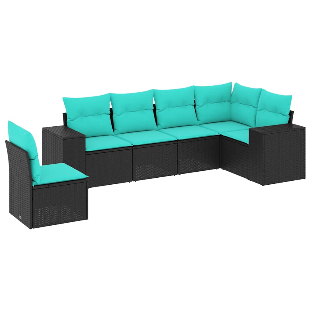 6-teiliges Gartensofa-Set mit Kissen, schwarzes Polyrattan