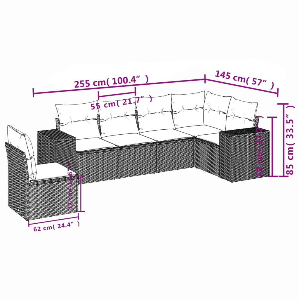 6-teiliges Gartensofa-Set mit Kissen, grau, Polyrattan