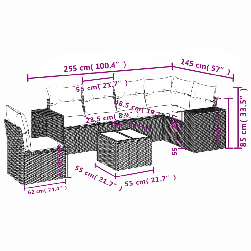 7-teiliges Gartensofa-Set mit Kissen, schwarzes Polyrattan
