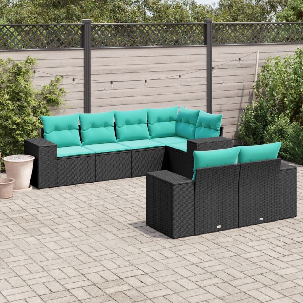 7-teiliges Gartensofa-Set mit Kissen, schwarzes Polyrattan