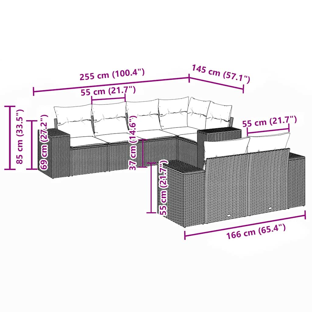 7-tlg. Garten-Sofagarnitur mit Kissen Hellgrau Poly Rattan