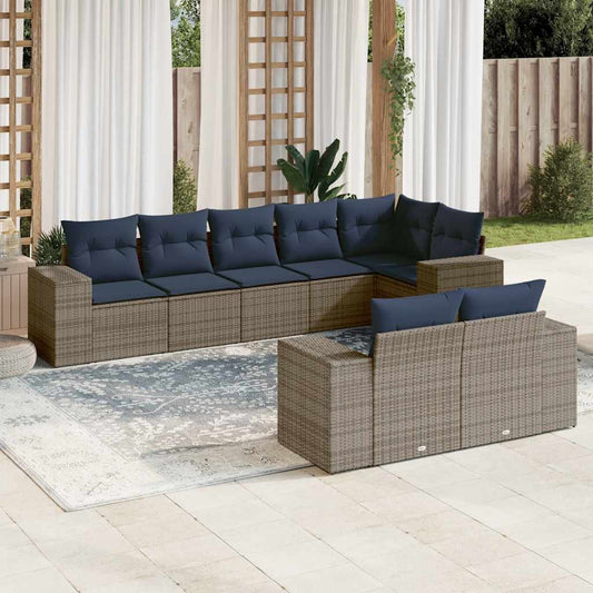 8-teiliges Gartensofa-Set mit Kissen, grau, Polyrattan