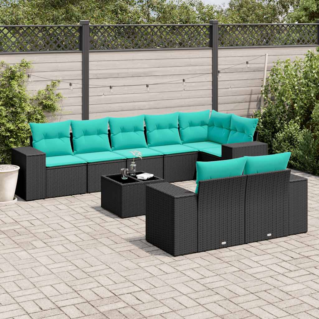 9-teiliges Gartensofa-Set mit Kissen, schwarzes Polyrattan